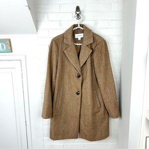Liz Claiborne Wool Blend Tan Brown Herringbone Print Coat Size L